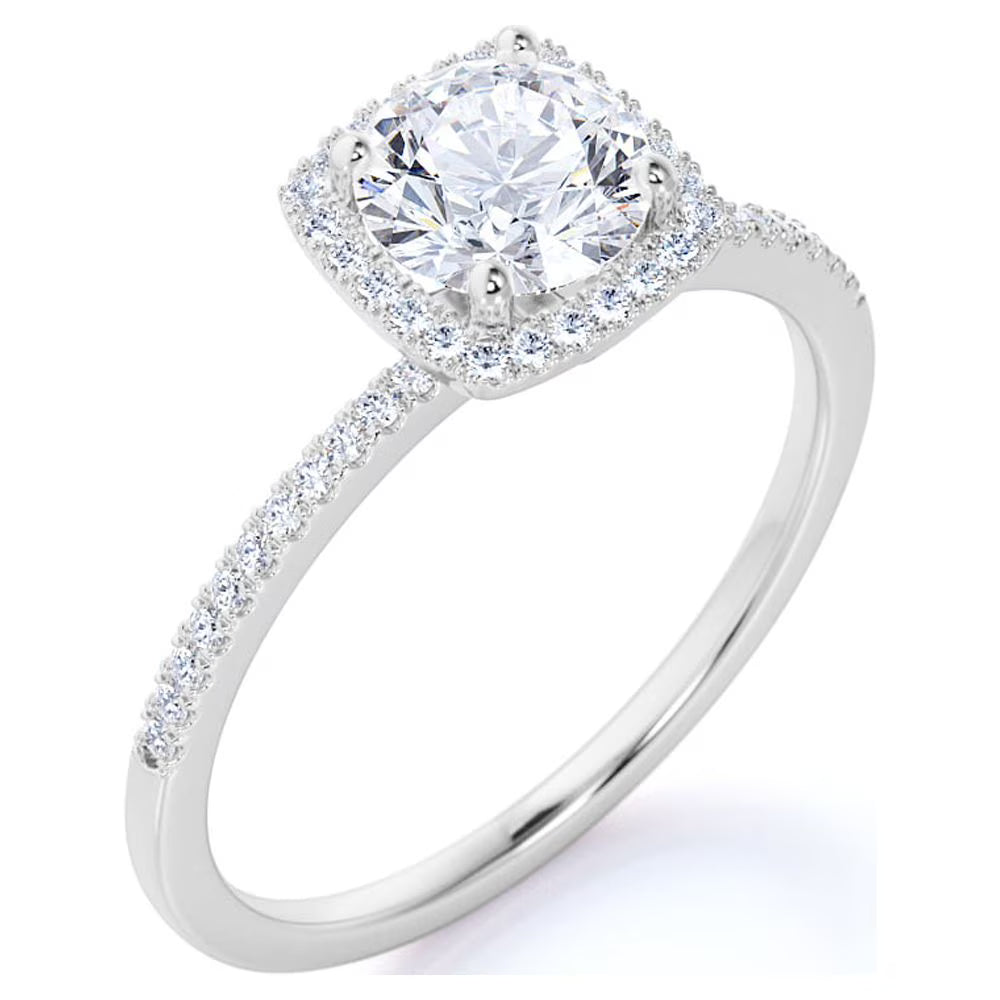 JeenMata Cushion Halo Design 1 Carat Round Cut Moissanite Pave Prong Set Engagement Ring In 18K White Gold Plating for Women