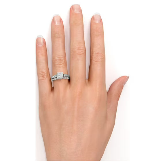 JeenMata 1.5 ct Princess Cut Moissanite - 3 Stone Art Deco - Halo Ring & Scalloped Band - Vintage Wedding Ring Set in 18K White Gold Plating for Women