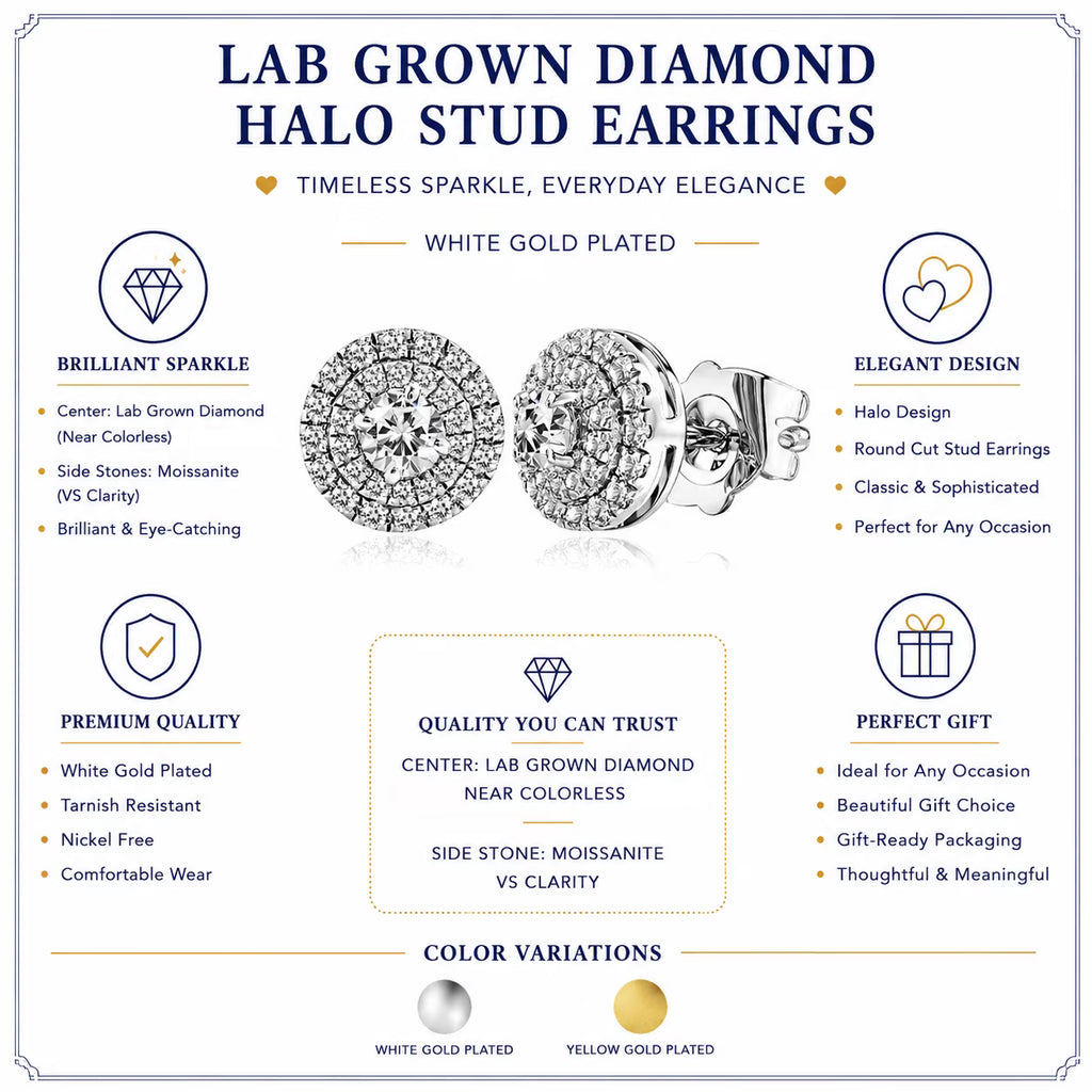 JeenMata Lab Grown Diamond Halo Stud Earrings - Round Cut Stud Earrings for Women in Yellow Gold Plating