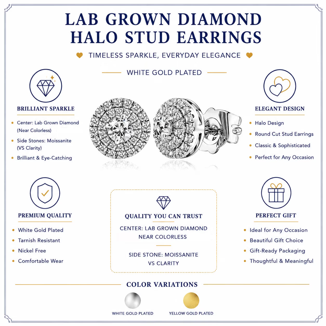JeenMata Lab Grown Diamond Halo Stud Earrings - Round Cut Stud Earrings for Women in Yellow Gold Plating