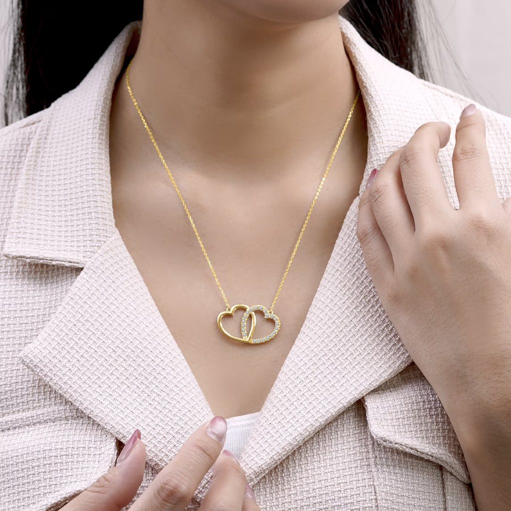 JeenMata Lab Grown Diamond Interlocking Heart Shape Pendant Necklace in Yellow Gold Plating