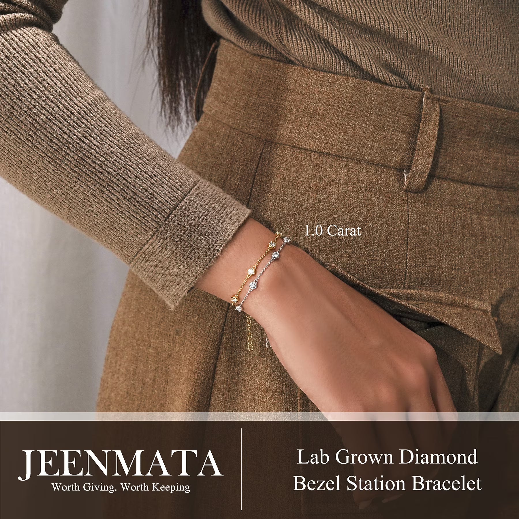 JeenMata 1 Carat Lab Grown Diamond Bezel Station Bracelets - Elegant Gift Jewelry Bracelet in 18K White Gold Plating Gift for Women, Girlfriend