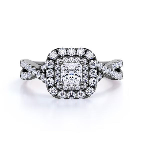JeenMata Elegant Square Cut Lab Grown Diamond - Twisted Band - Pave - Double Halo Gothic Engagement Ring - 10K Black Gold