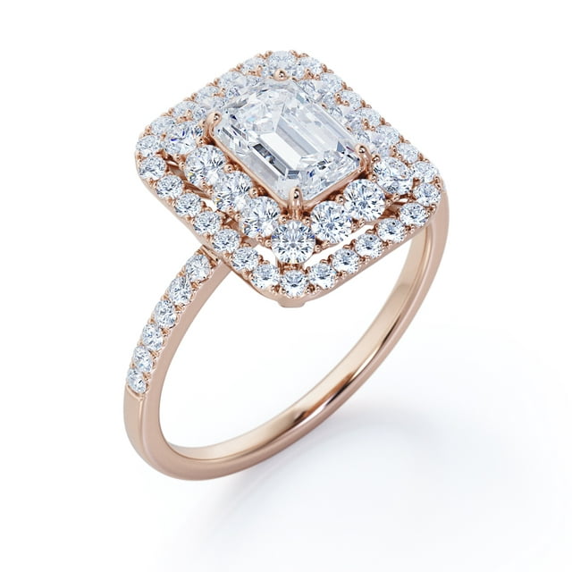 JeenMata 1.5 Carat Emerald Cut Moissanite Engagement Ring - Bridal Ring - Double Halo Ring - Cluster Ring