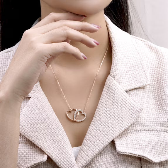 JeenMata Lab Grown Diamond Interlocking Heart Shape Pendant Necklace in Rose Gold Plating