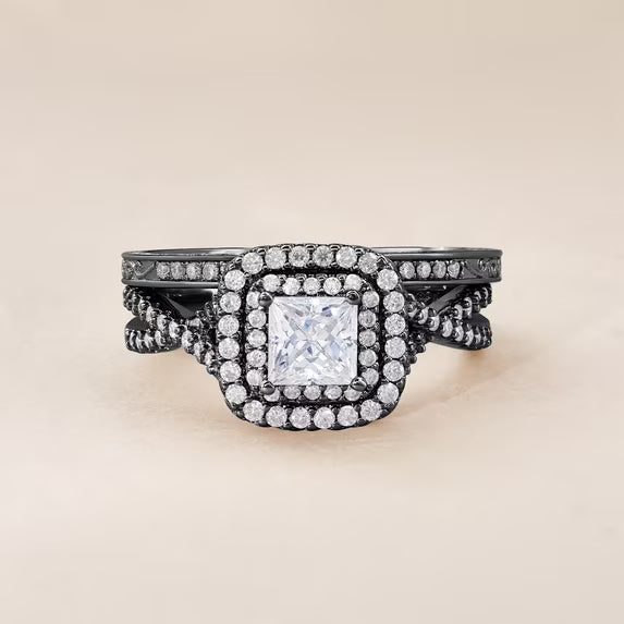 JeenMata 1.25 Carat Square Moissanite Engagement Ring for Women, Double Halo Bridal Wedding Ring Set with Twisted Band in 18K Black Gold Plated