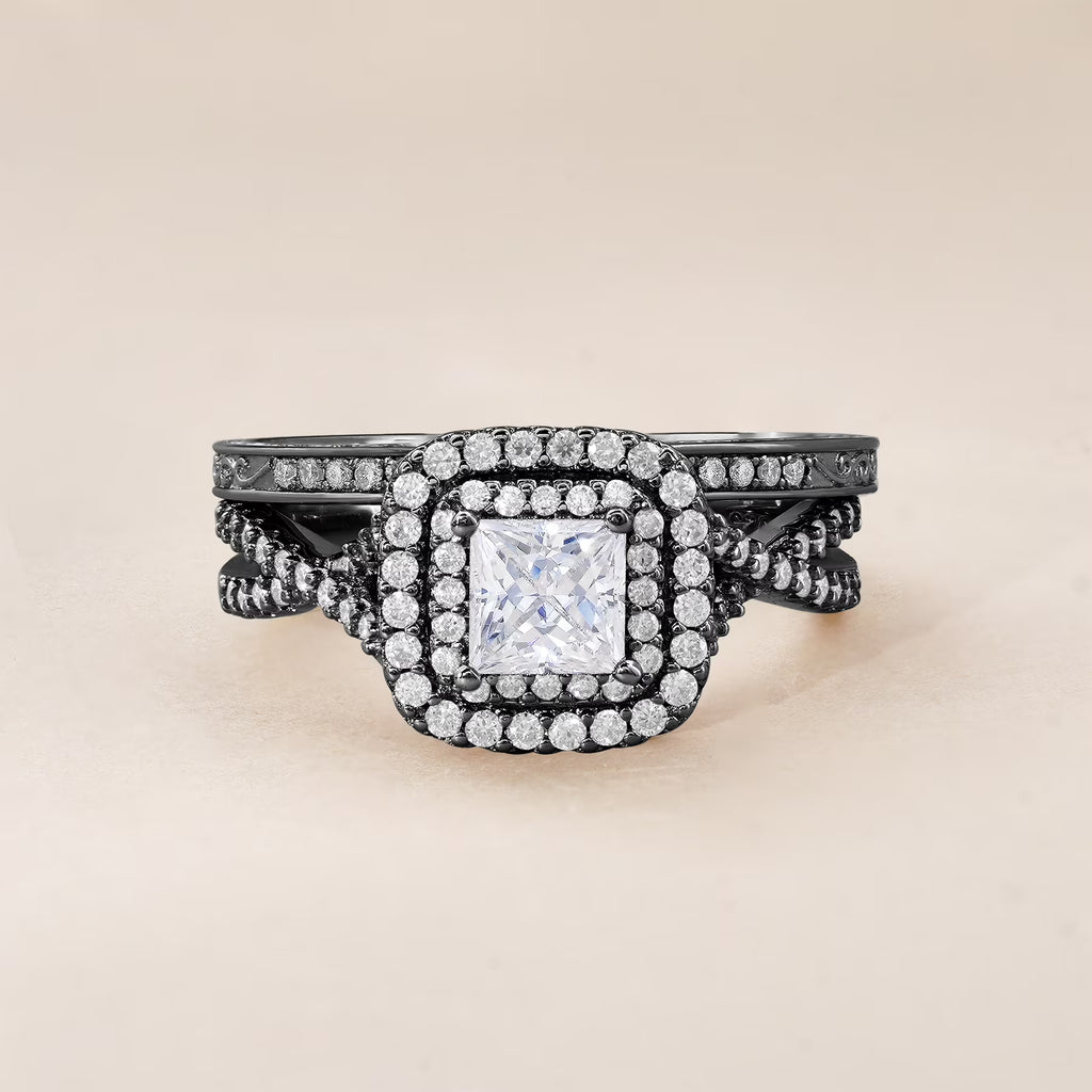 JeenMata 1.25 Carat Square Moissanite Engagement Ring for Women, Double Halo Bridal Wedding Ring Set with Twisted Band in 18K Black Gold Plated