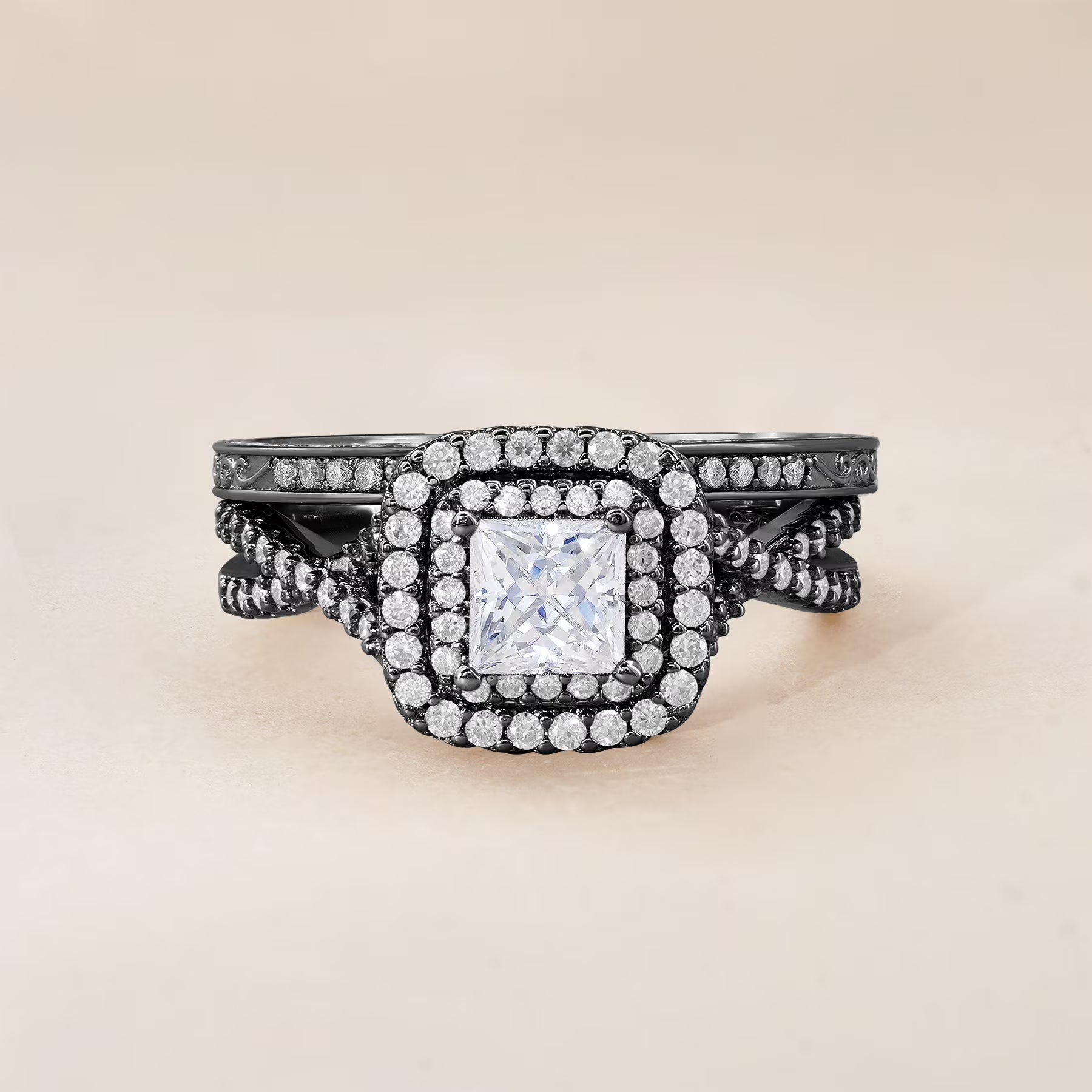 JeenMata 1.25 Carat Square Moissanite Engagement Ring for Women, Double Halo Bridal Wedding Ring Set with Twisted Band in 18K Black Gold Plated