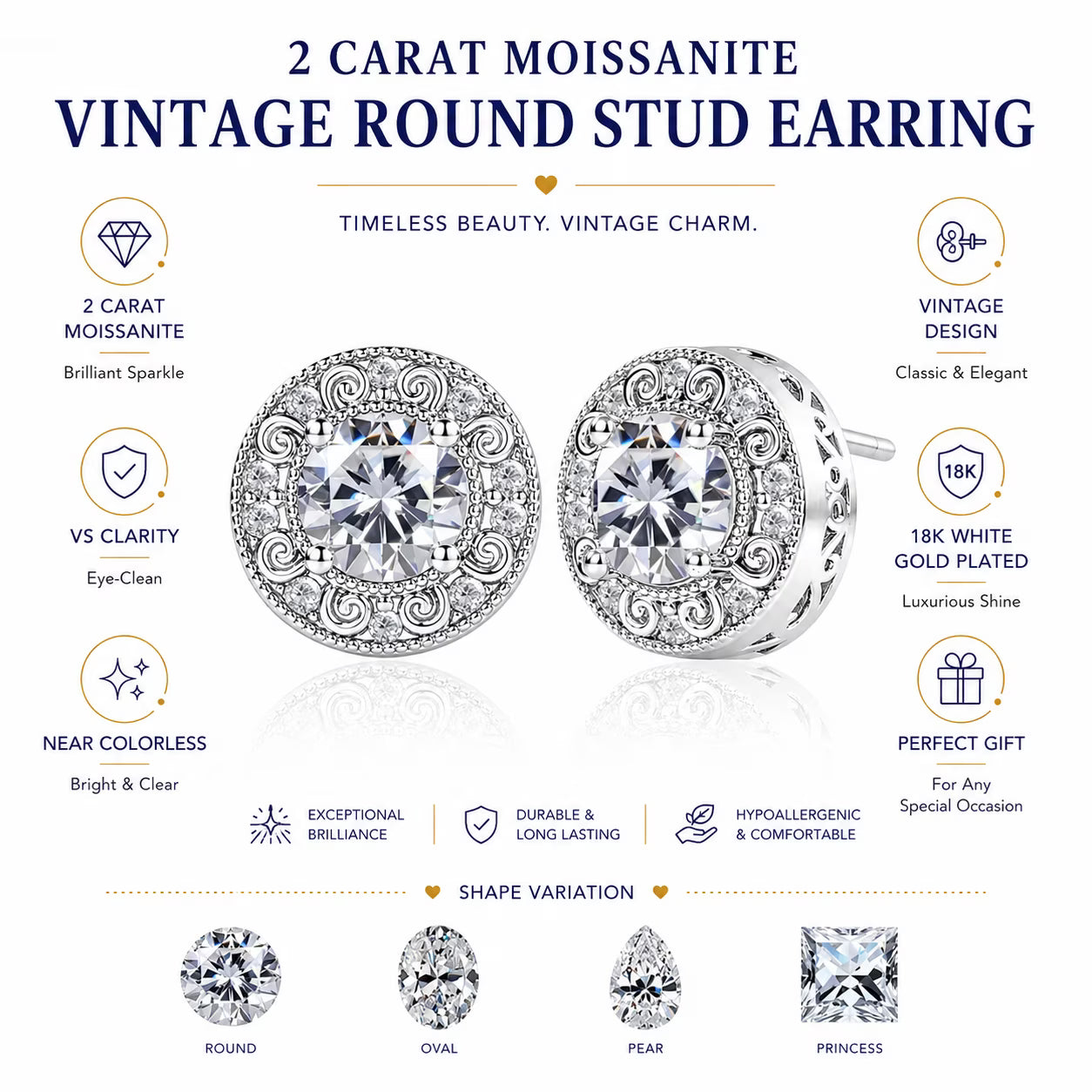 JeenMata 2 Carat Oval Cut Moissanite Stud Earring - Classic Vintage Earring in 18K White Gold Plating for Women Earrings