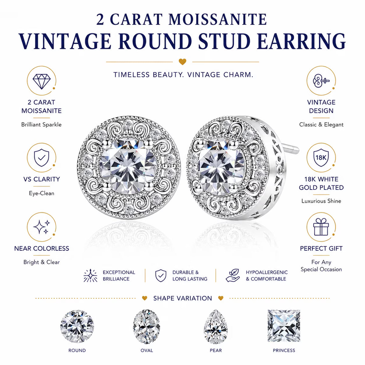 JeenMata 2 Carat Pear Cut Moissanite Stud Earring - Classic Vintage Earring in 18K White Gold Plating for Women Earrings