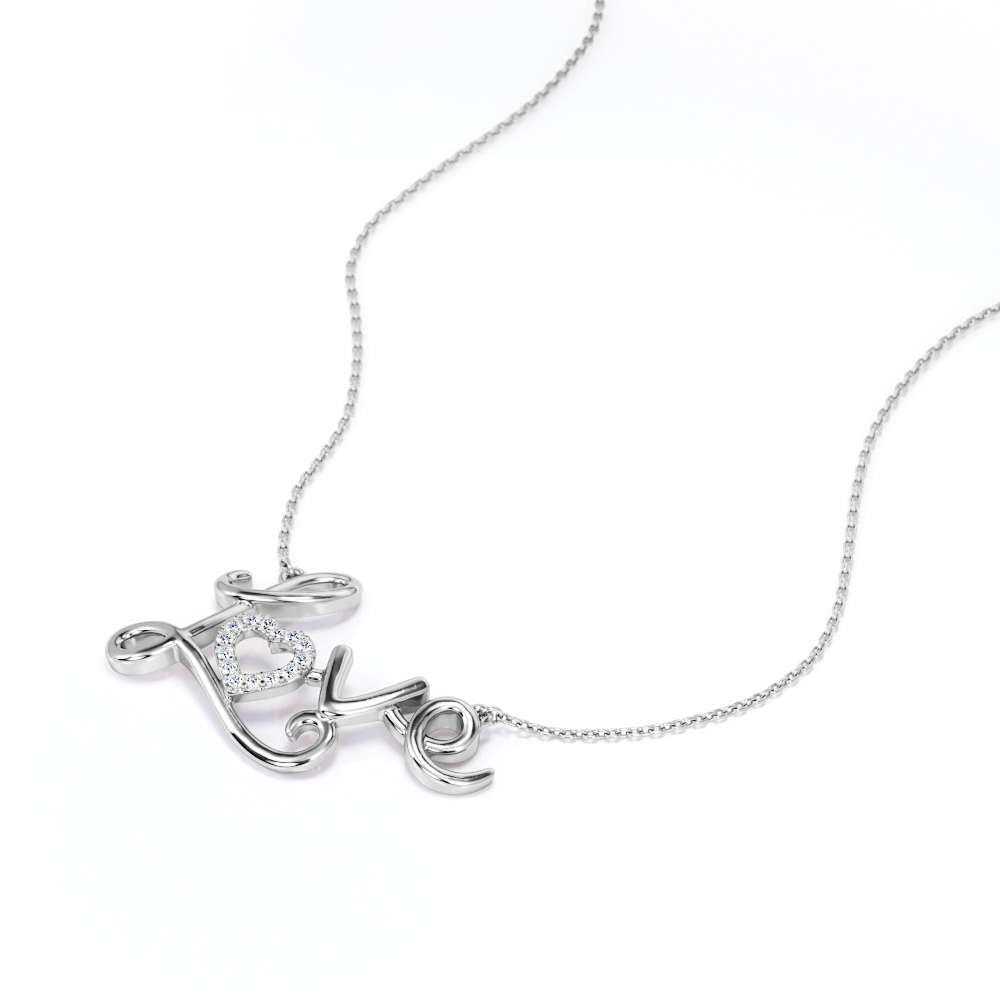 Enchanting Love Real Diamond Pendant Necklace in 18K White Gold over Silver