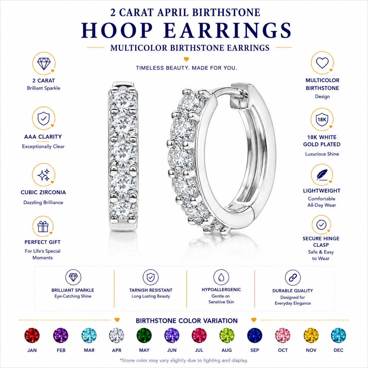 JeenMata 2 Carat August Birthstone - Peridot & Cubic Zirconia Hoop Earrings - Multicolor Birthstone Earrings in 18K White Gold Plating for Women