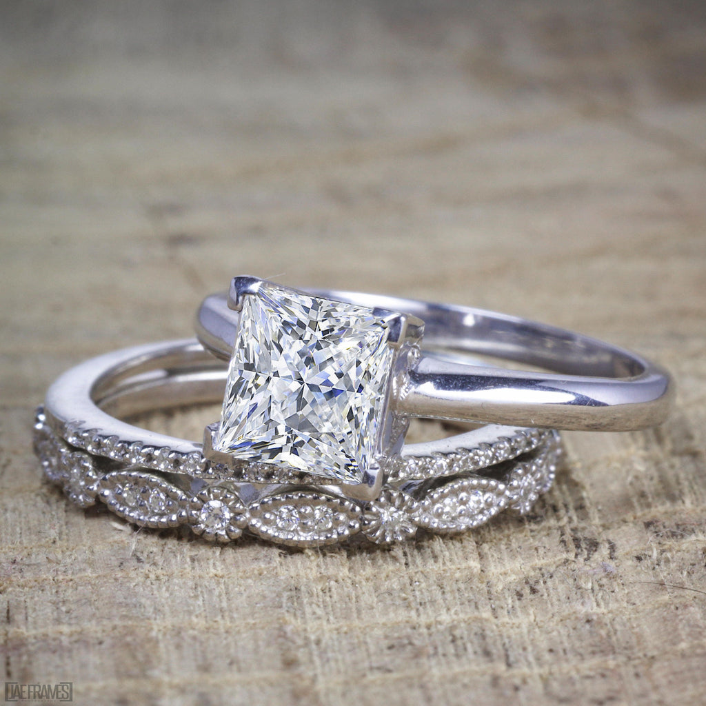 JeenMata 3.25 Carat Princess Wedding Ring Set - Bridal Set - Wedding Trio Set - Engagement Ring - Art Deco Ring - Promise Ring - Sterling Silver