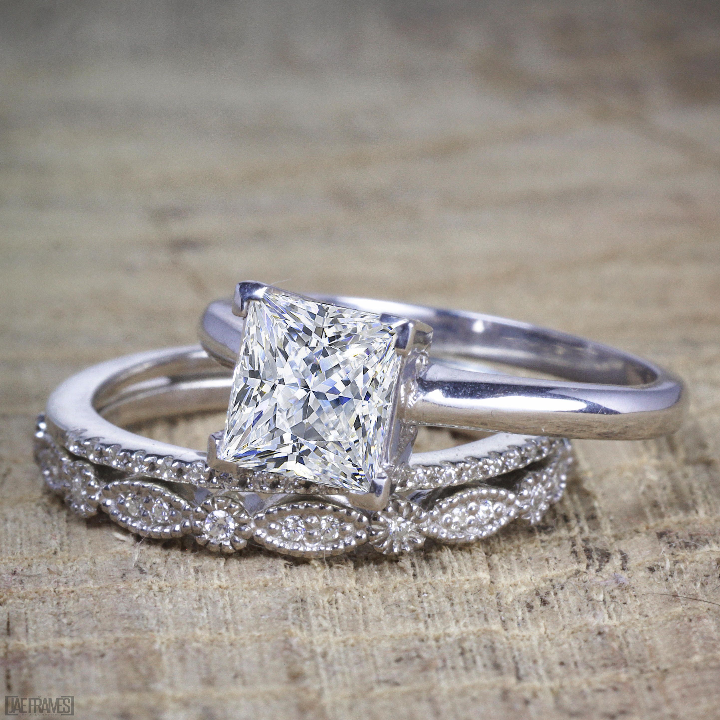 JeenMata 3.25 Carat Princess Wedding Ring Set - Bridal Set - Wedding Trio Set - Engagement Ring - Art Deco Ring - Promise Ring - Sterling Silver