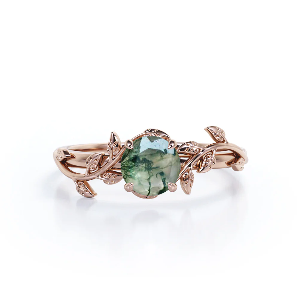 JeenMata Nature Inspired 0.50 Carat Natural Green Moss Agate Solitaire Engagement Ring - Forest Ring - 18K White Gold Over Silver