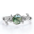 JeenMata Nature Inspired 0.50 Carat Natural Green Moss Agate Solitaire Engagement Ring - Forest Ring - 18K White Gold Over Silver
