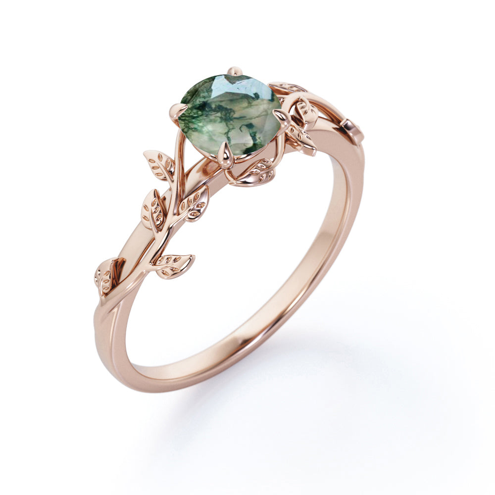 JeenMata Nature Inspired 0.50 Carat Natural Green Moss Agate Solitaire Engagement Ring - Forest Ring - 18K White Gold Over Silver