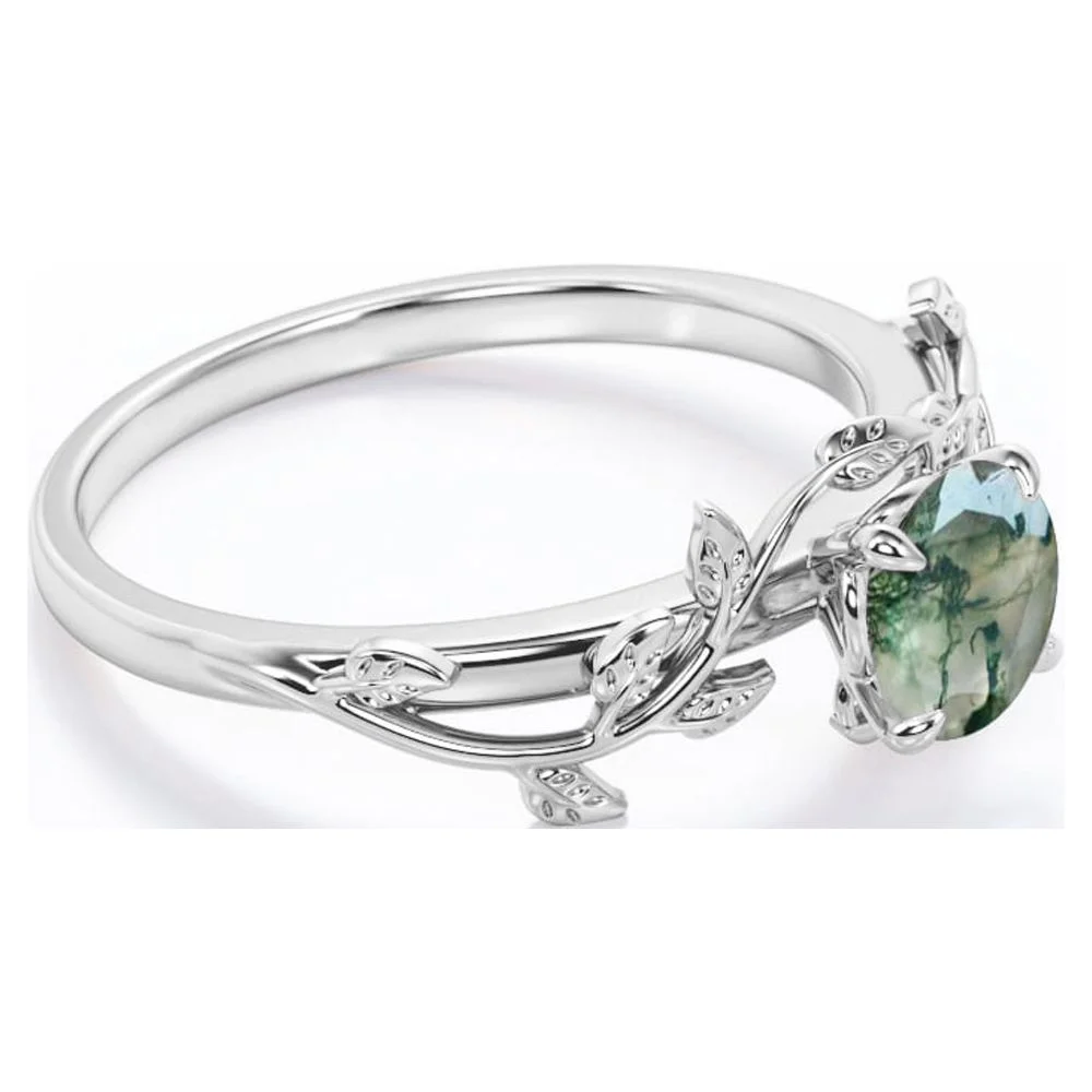 JeenMata Nature Inspired 0.50 Carat Natural Green Moss Agate Solitaire Engagement Ring - Forest Ring - 18K White Gold Over Silver