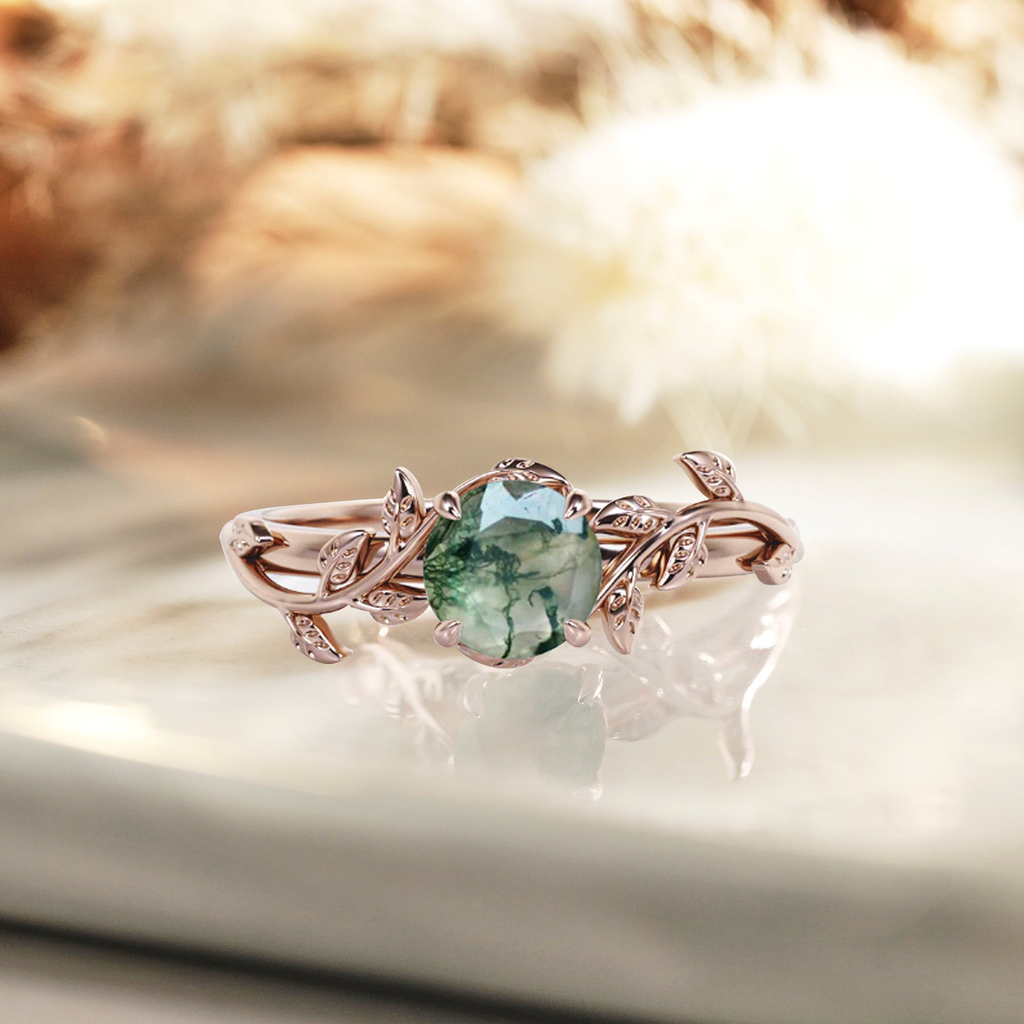 JeenMata Nature Inspired 0.50 Carat Natural Green Moss Agate Solitaire Engagement Ring - Forest Ring - 18K White Gold Over Silver