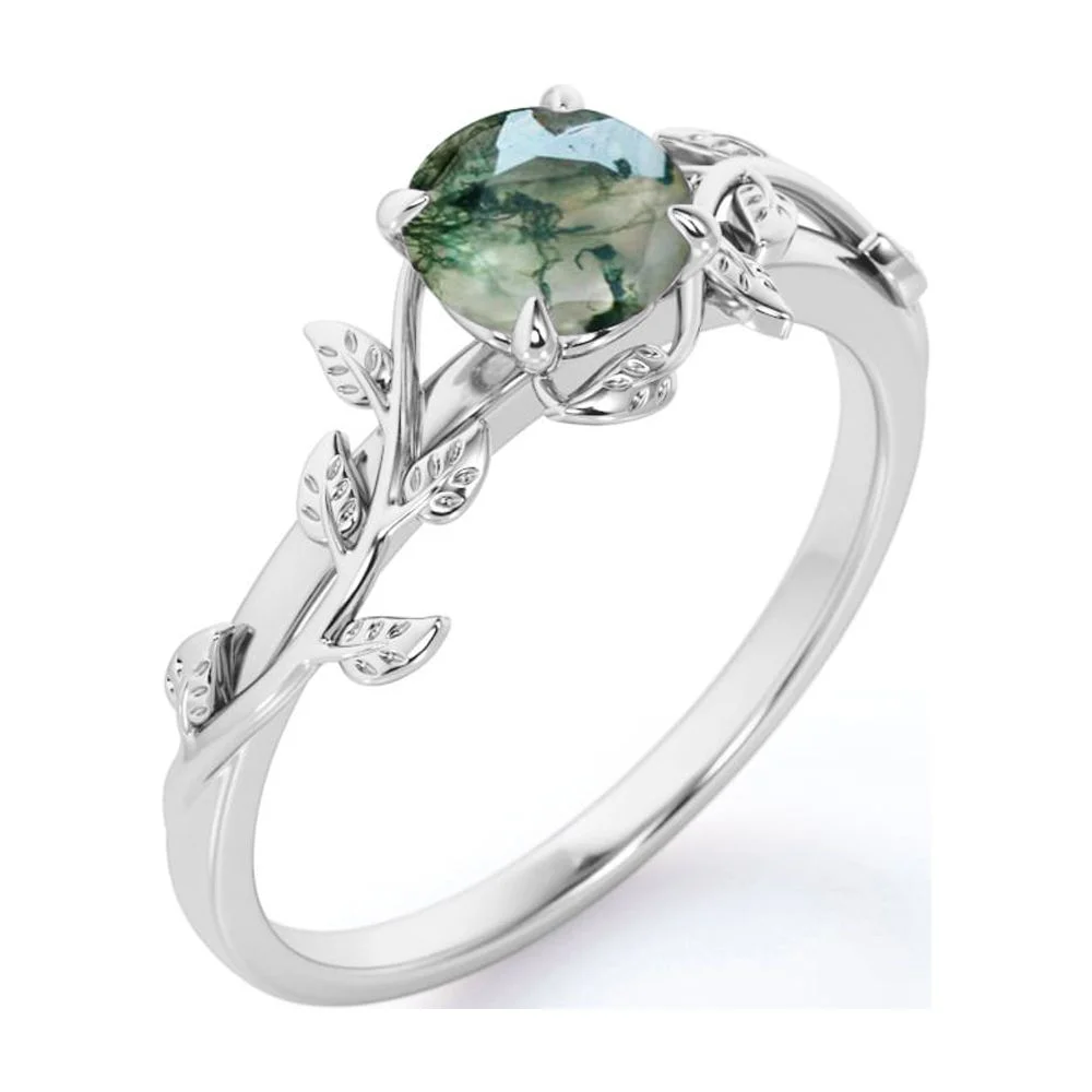 JeenMata Nature Inspired 0.50 Carat Natural Green Moss Agate Solitaire Engagement Ring - Forest Ring - 18K White Gold Over Silver
