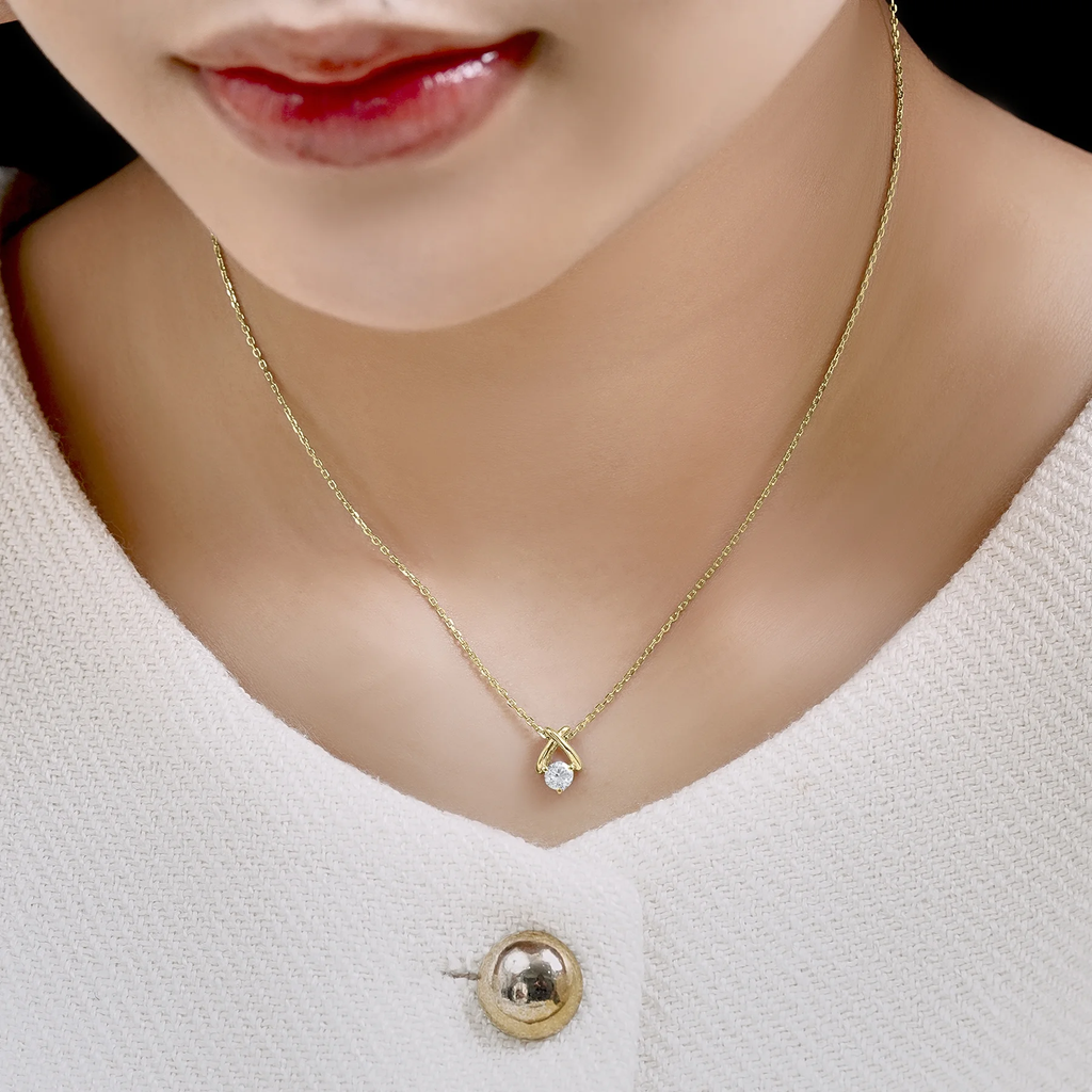 JeenMata X-Shaped Round Cut Certified Lab Diamond Pendant Necklace in 18K White Gold over Silver