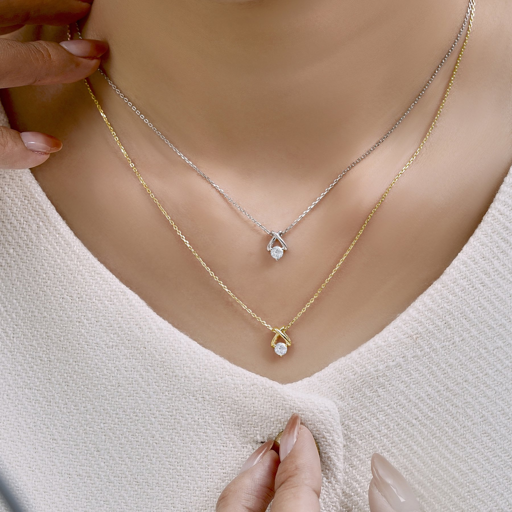 JeenMata X-Shaped Round Cut Certified Lab Diamond Pendant Necklace in 18K White Gold over Silver