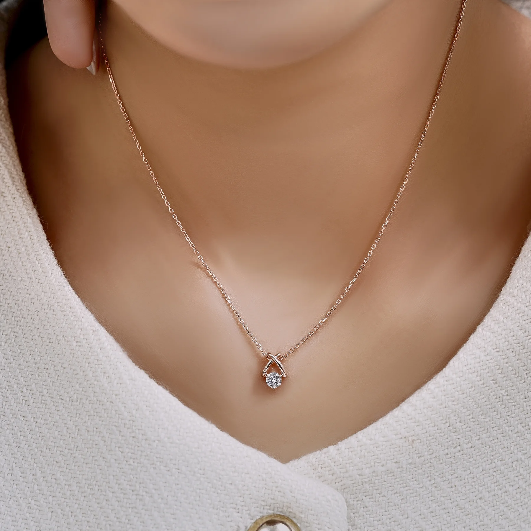 JeenMata X-Shaped Round Cut Certified Lab Diamond Pendant Necklace in 18K White Gold over Silver