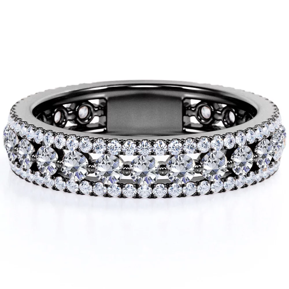 JeenMata Double Pave - 0.75 Carat Round Brilliant Cut Moissanite - Eternity Anniversary Ring - 18K Rose Gold Plating for Women