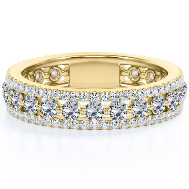JeenMata Double Pave - 0.75 Carat Round Brilliant Cut Moissanite - Eternity Anniversary Ring - 18K Rose Gold Plating for Women