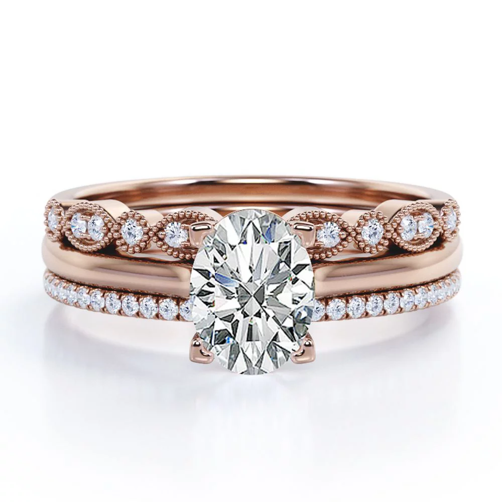 Solitaire 2 Carat Oval Cut Moissanite Art Deco Trio Set