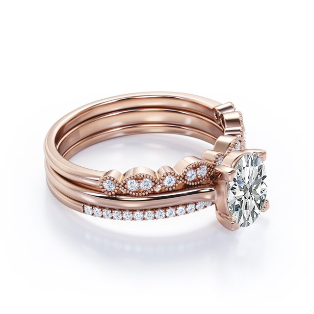 Solitaire 2 Carat Oval Cut Moissanite Art Deco Trio Set
