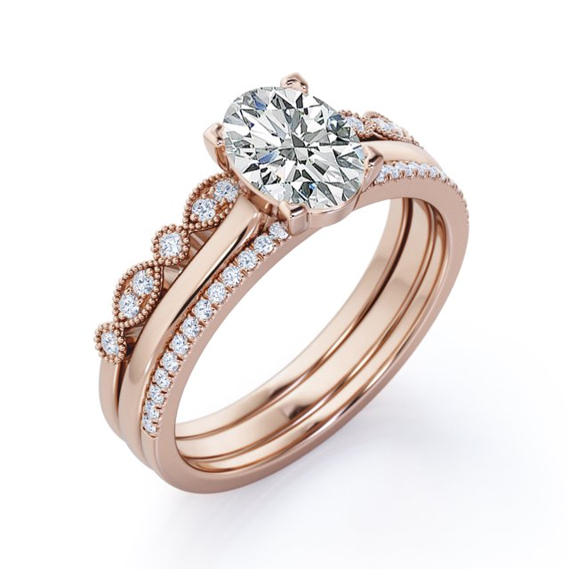 Solitaire 2 Carat Oval Cut Moissanite Art Deco Trio Set