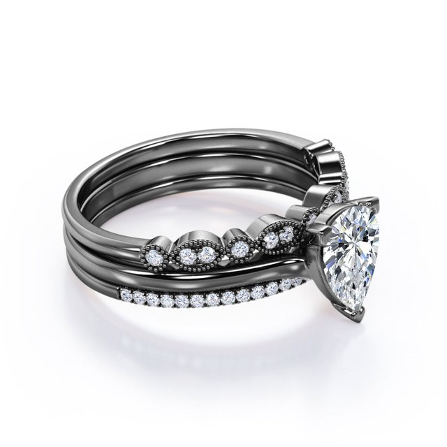 Art Deco 2 Carat Pear Cut Moissanite Pave Trio Set