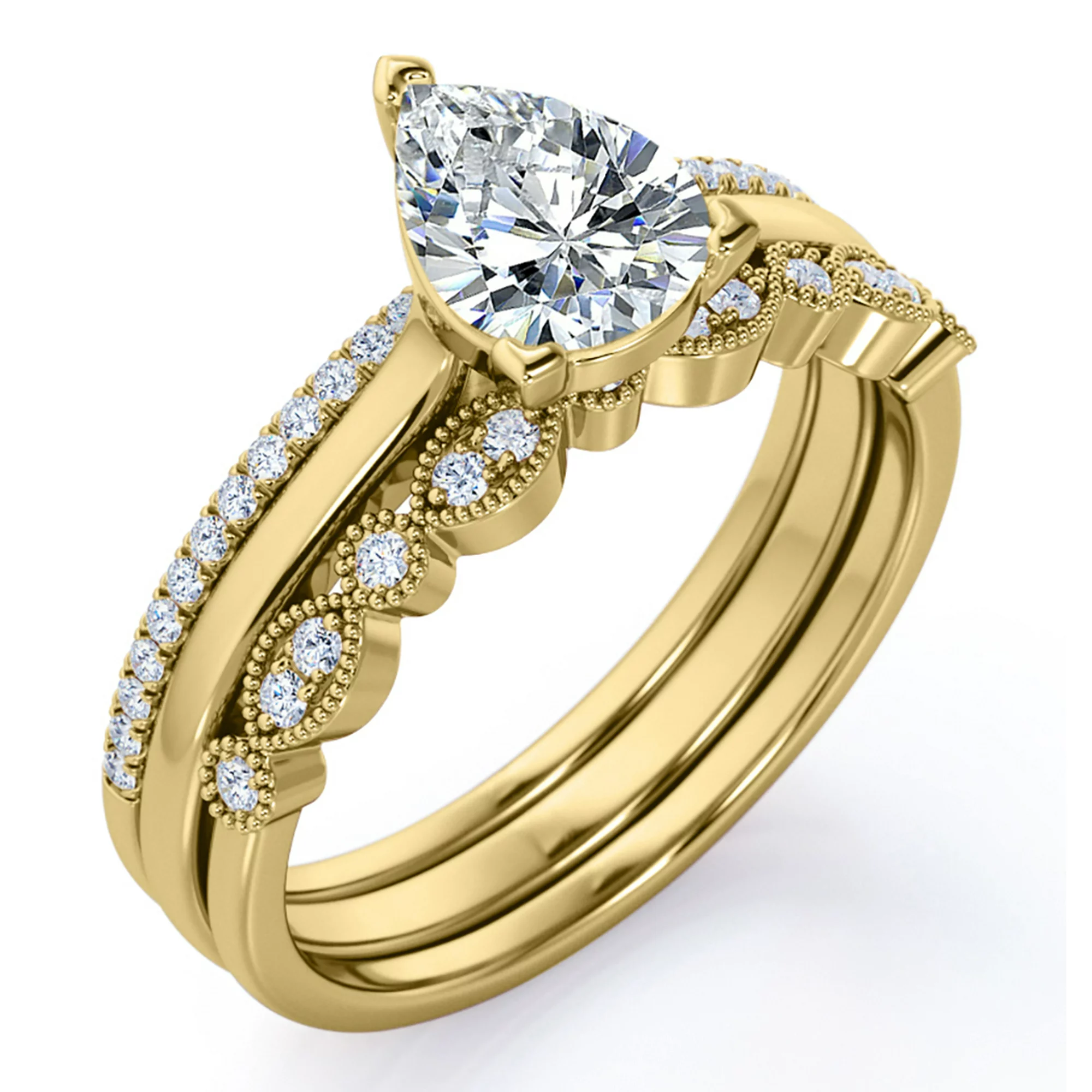 Art Deco 2 Carat Pear Cut Moissanite Pave Trio Set