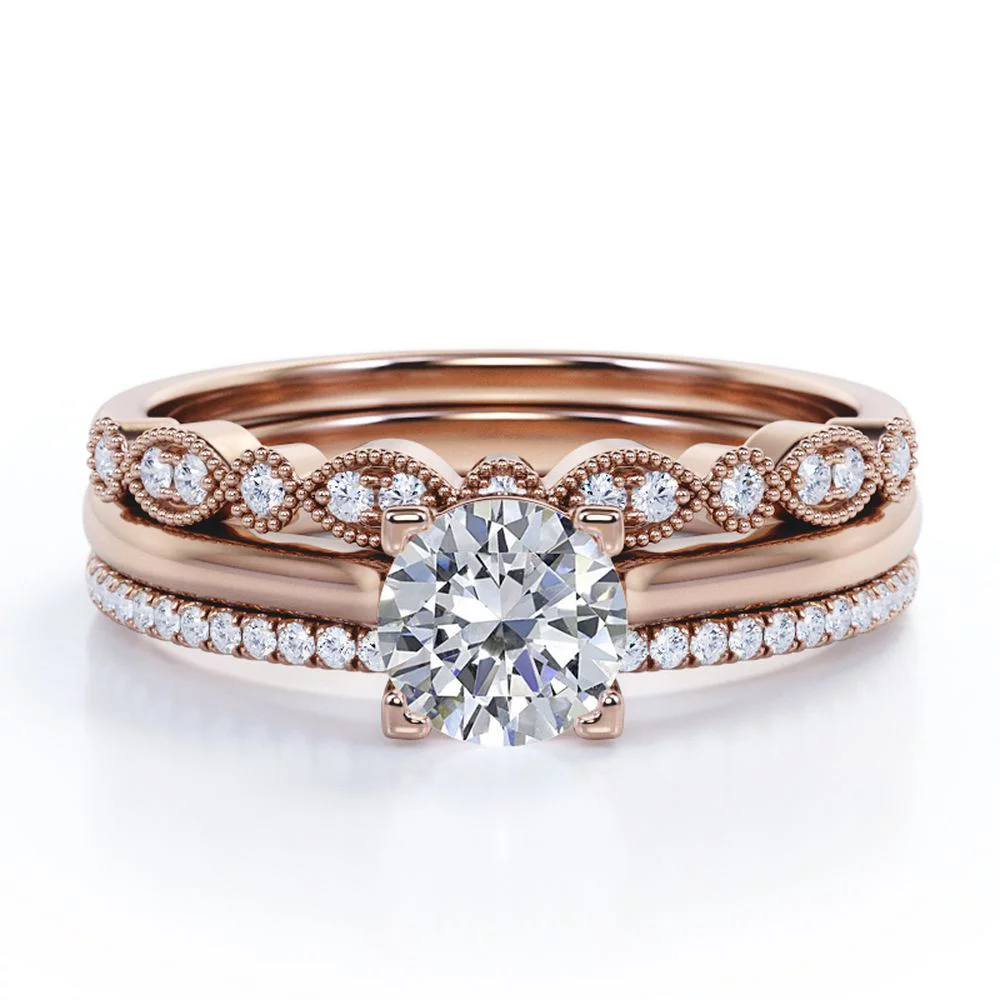 Antique 2 Carat Round Moissanite Pave Trio Ring Set