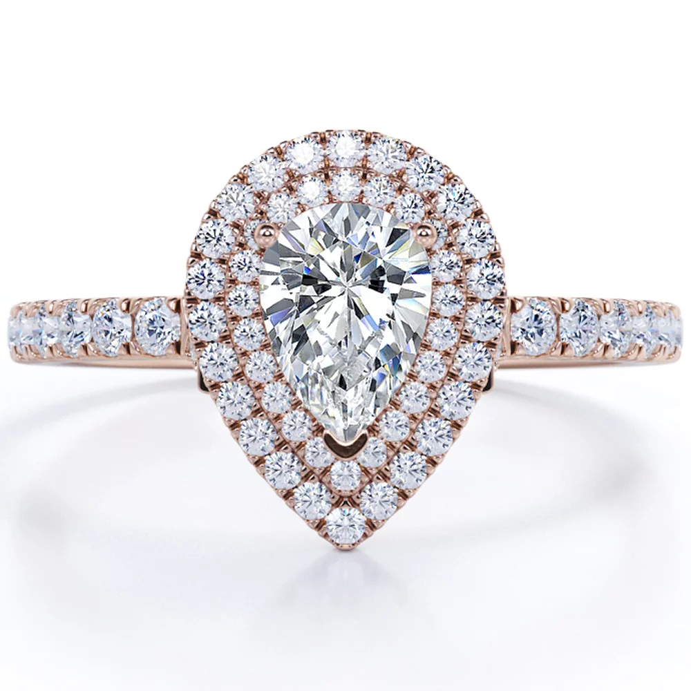 JeenMata Pave Style 1 Carat Pear-Shaped Moissanite Double Halo Cluster Engagement Ring in 18K Black Gold Plating for Women
