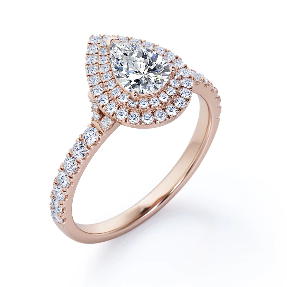 JeenMata Pave Style 1 Carat Pear-Shaped Moissanite Double Halo Cluster Engagement Ring in 18K Black Gold Plating for Women