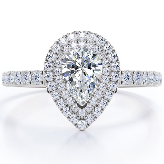 JeenMata Pave Style 1 Carat Pear-Shaped Moissanite Double Halo Cluster Engagement Ring in 18K Black Gold Plating for Women