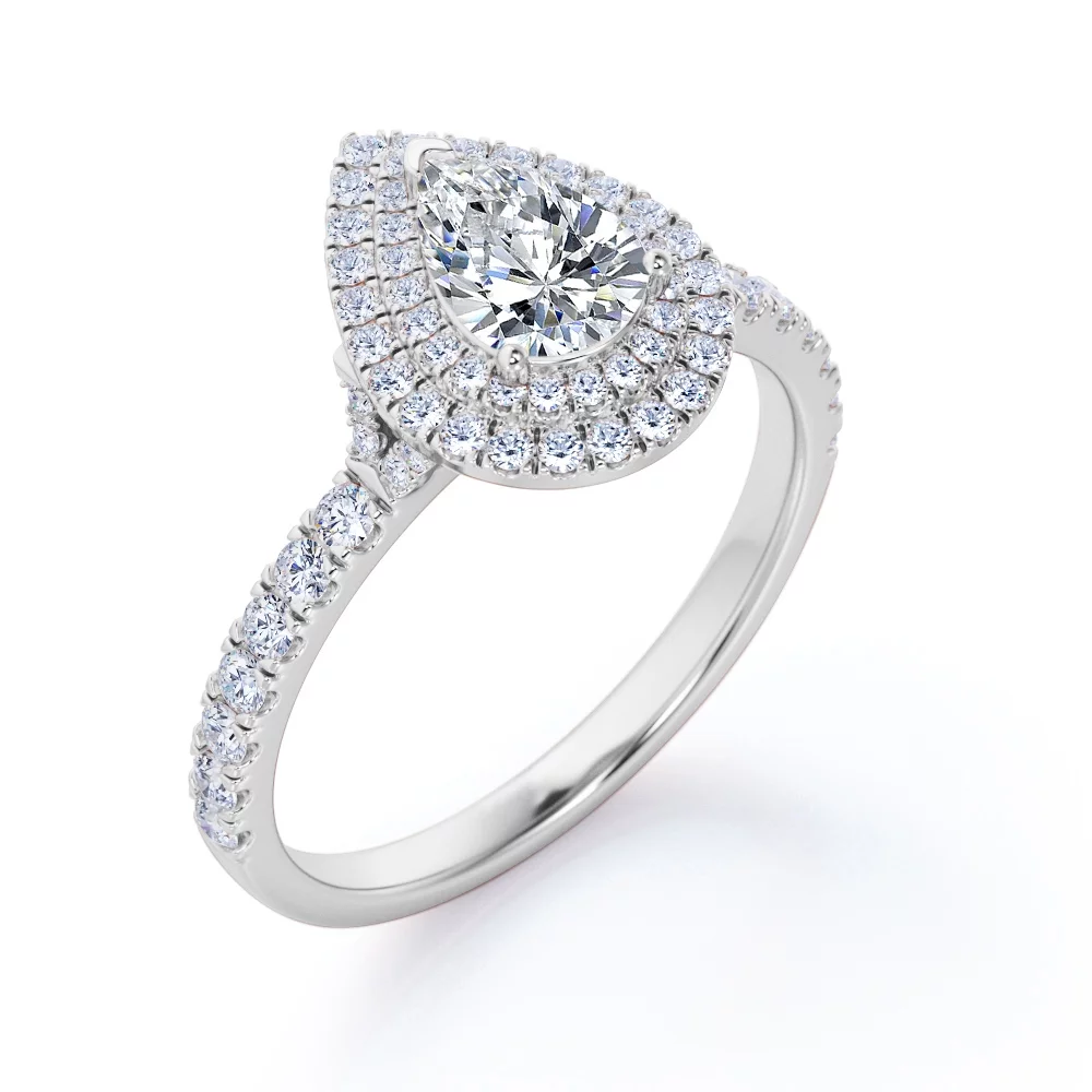 JeenMata Pave Style 1 Carat Pear-Shaped Moissanite Double Halo Cluster Engagement Ring in 18K Black Gold Plating for Women