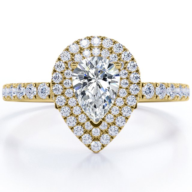 JeenMata Pave Style 1 Carat Pear-Shaped Moissanite Double Halo Cluster Engagement Ring in 18K Black Gold Plating for Women