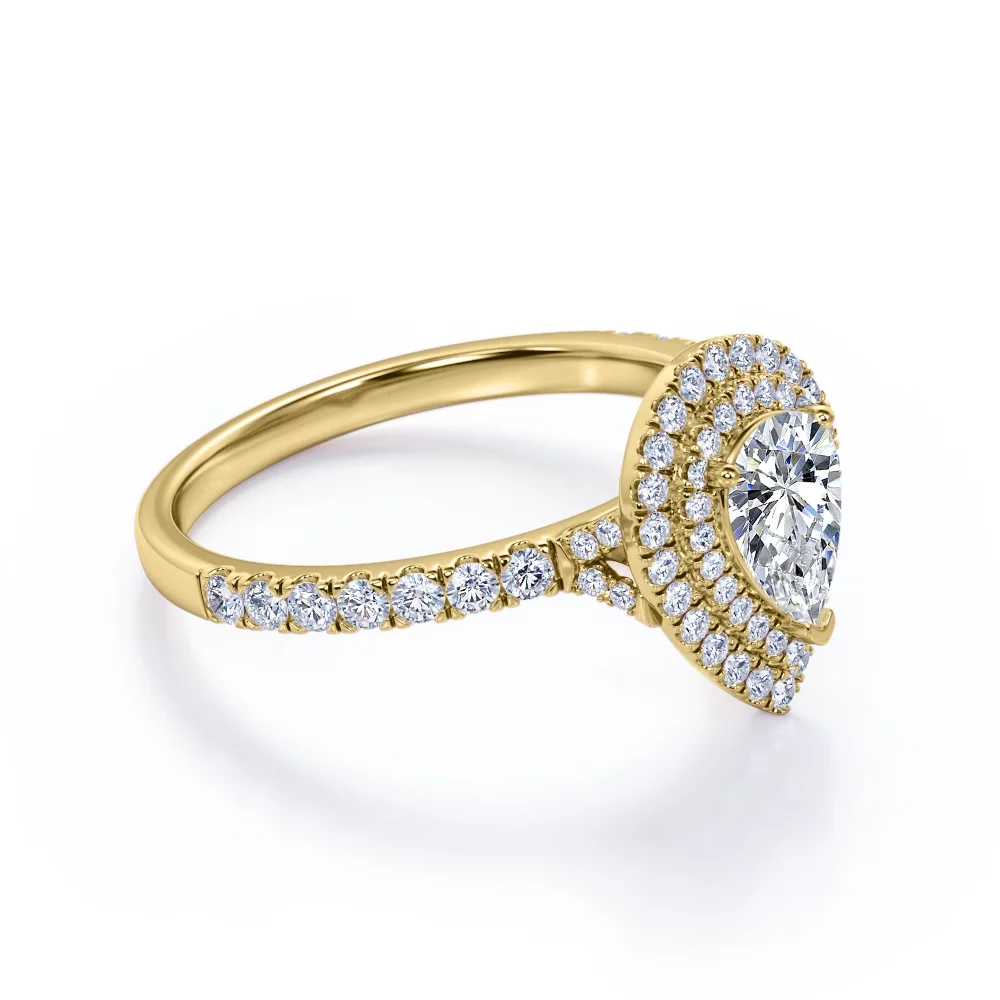 JeenMata Pave Style 1 Carat Pear-Shaped Moissanite Double Halo Cluster Engagement Ring in 18K Black Gold Plating for Women