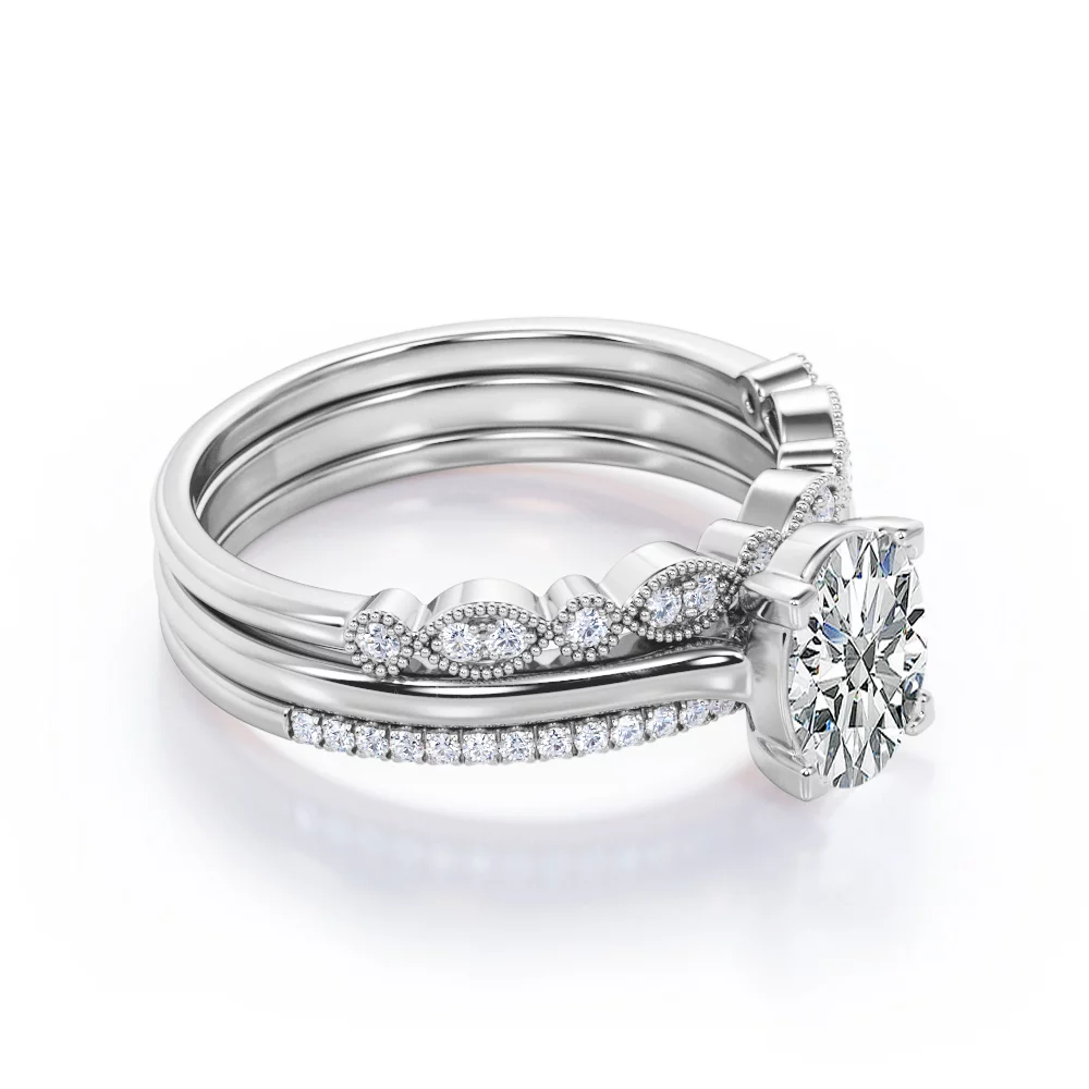 Solitaire 2 Carat Oval Cut Moissanite Art Deco Trio Set