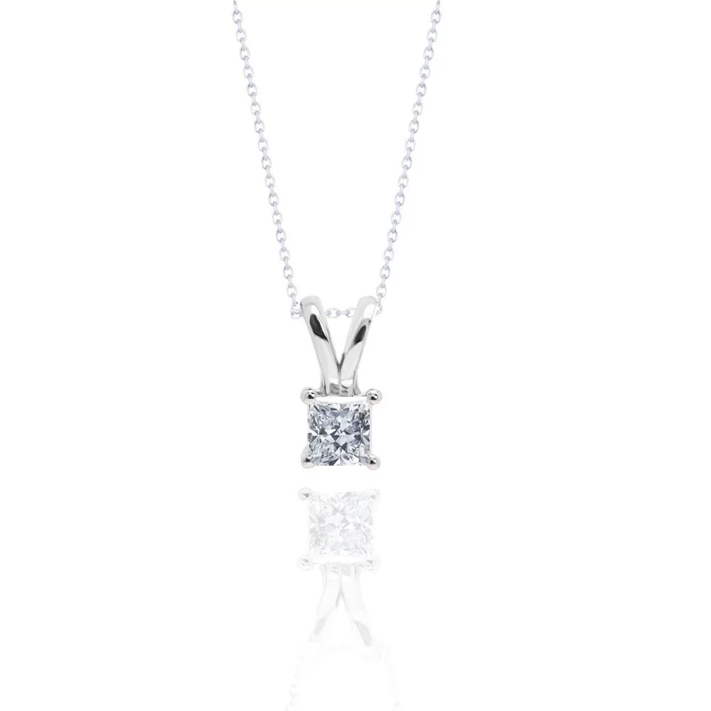 Classic Princess Cut Diamond Solitaire Pendant Necklace in 18K White Gold Plating over Silver