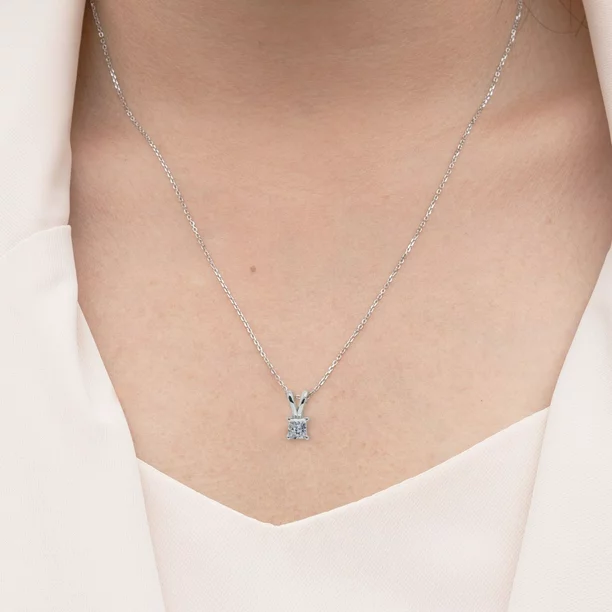 Classic Princess Cut Diamond Solitaire Pendant Necklace in 18K White Gold Plating over Silver