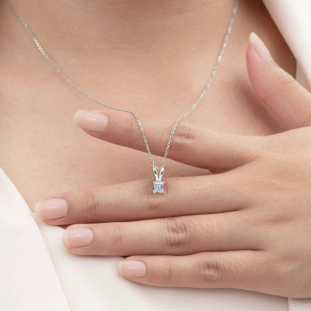 Classic Princess Cut Diamond Solitaire Pendant Necklace in 18K White Gold Plating over Silver