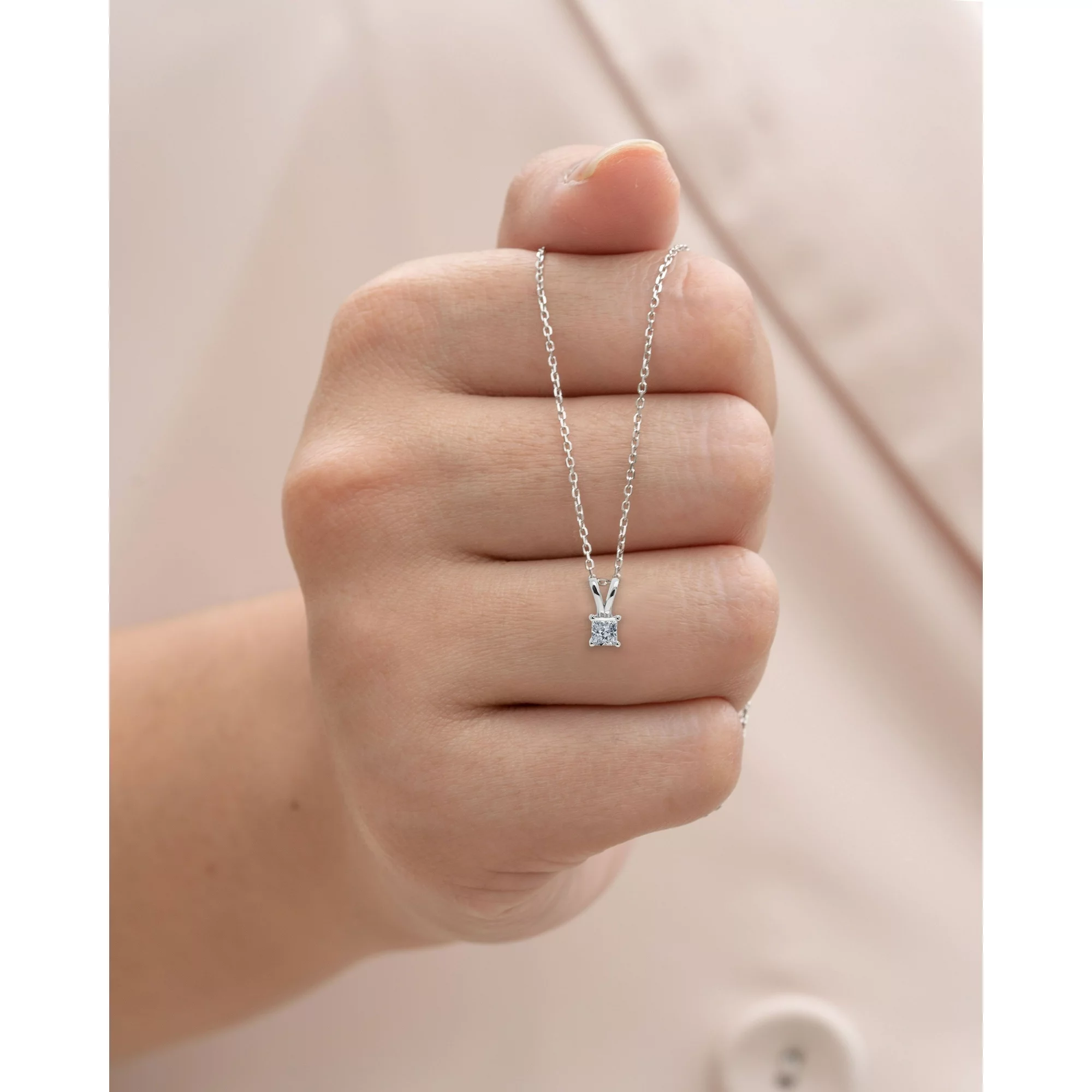 Classic Princess Cut Diamond Solitaire Pendant Necklace in 18K White Gold Plating over Silver