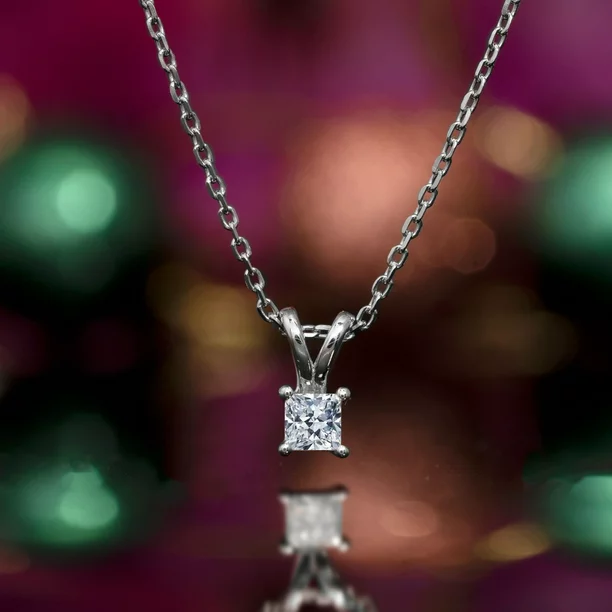 Classic Princess Cut Diamond Solitaire Pendant Necklace in 18K White Gold Plating over Silver