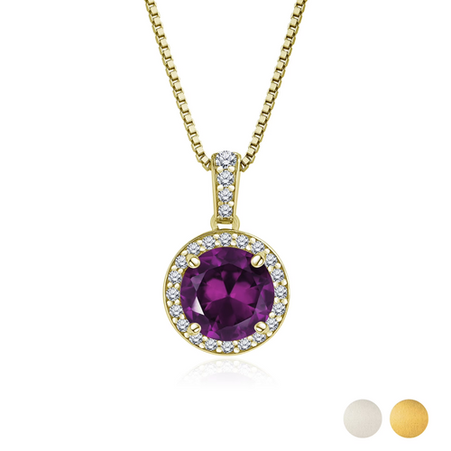 2 Carat February Birthstone Necklace - with Crystal Made with Swarovski - Halo Round Cut Necklace Pendant in White Gold Plating