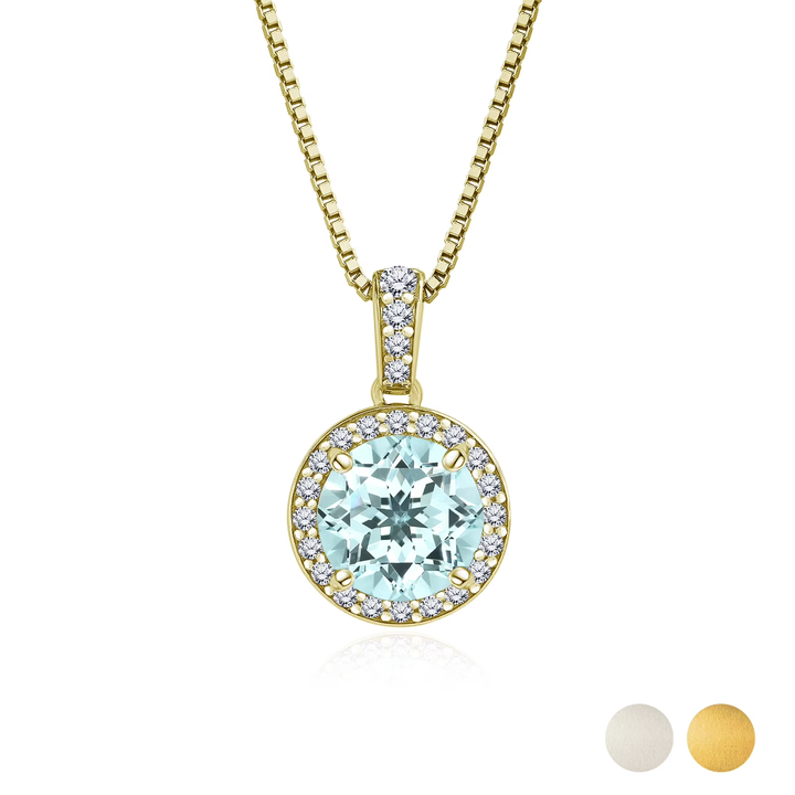 2 Carat March Birthstone Necklace - with Crystal Made with Swarovski - Halo Round Cut Necklace Pendant in White Gold Plating