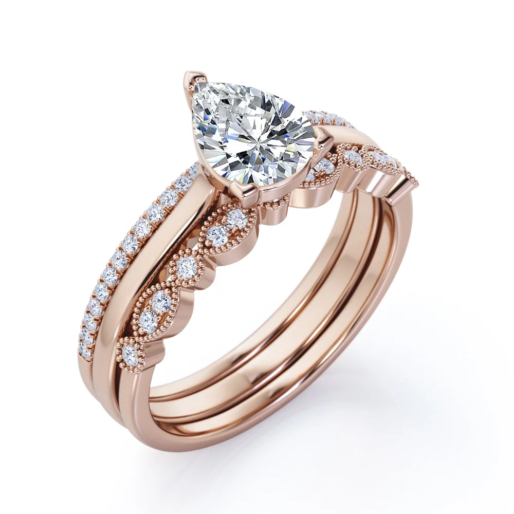 Art Deco 2 Carat Pear Cut Moissanite Pave Trio Set